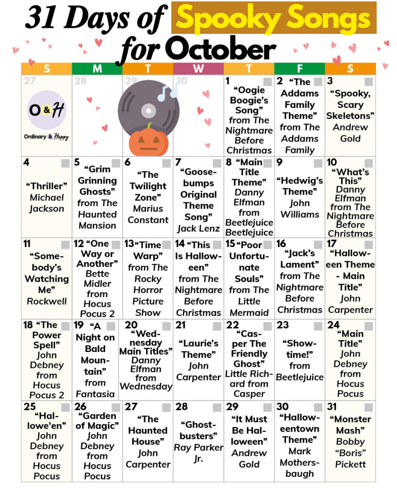 October spooky songs calendar.