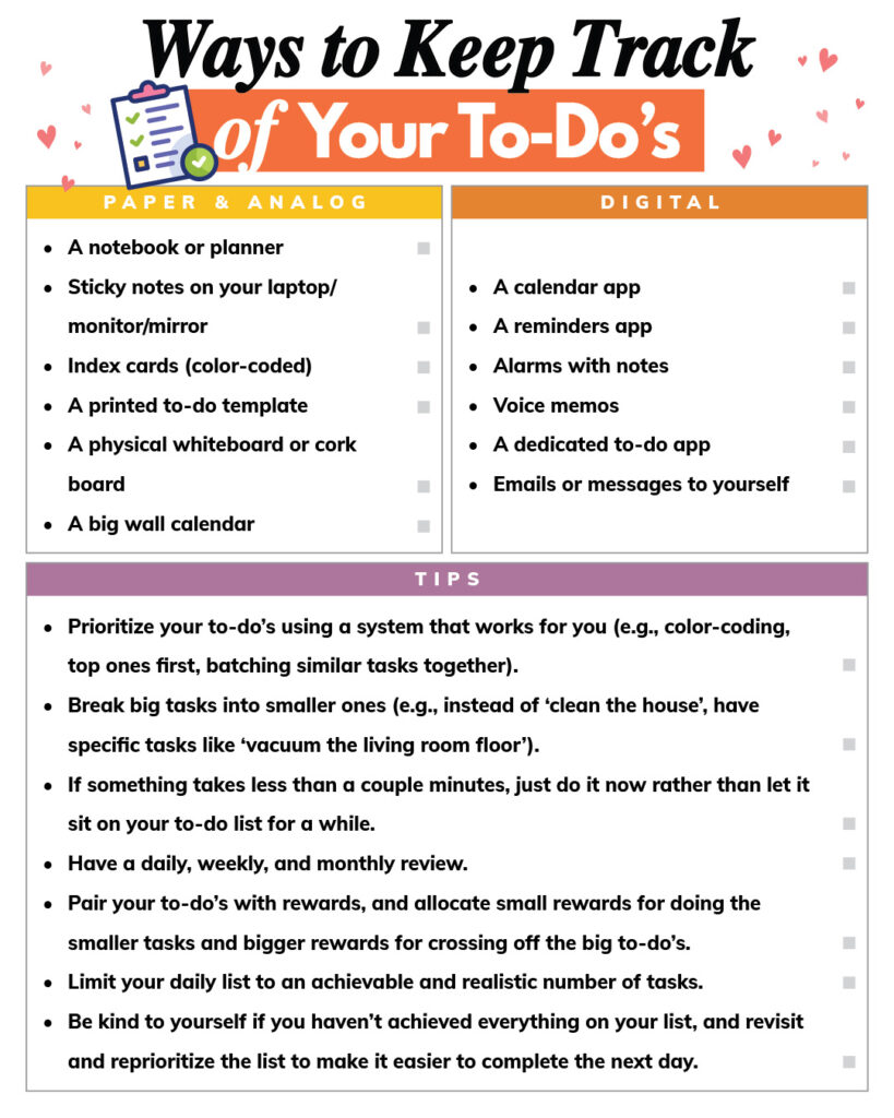 Ways to Keep Track of Your To-Dos with lists of ideas in three different sections for analog, digital, and tips