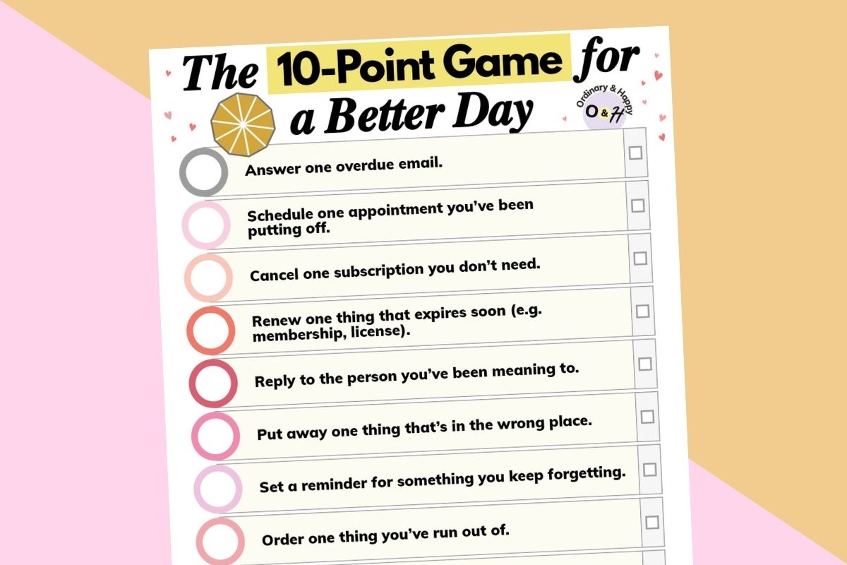 10-point game for a better day checklist printable on a light magenta and orange diagonal background