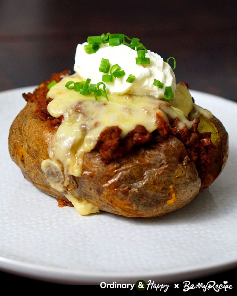 Chili cheese baked potatoes