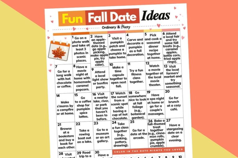 calendar of fall date ideas in printable format displayed on a 2-color red and yellow diagonal background