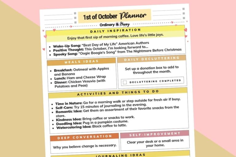 october 1st daily planner printable on a light red and orange backdrop
