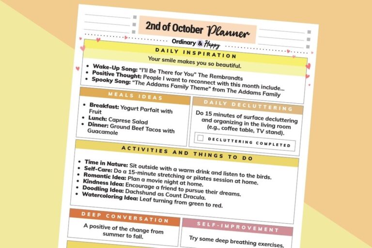 october 2nd daily planner printable tilted to the right on an orange and yellow backdrop