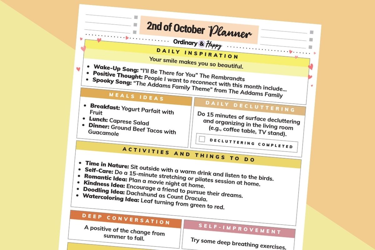 october 2nd daily planner printable tilted to the right on an orange and yellow backdrop
