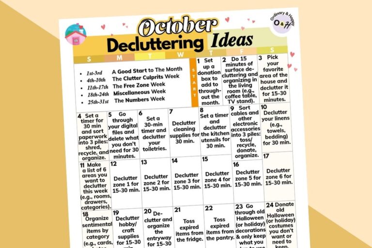 october decluttering challenge printable on a 2-color orange background
