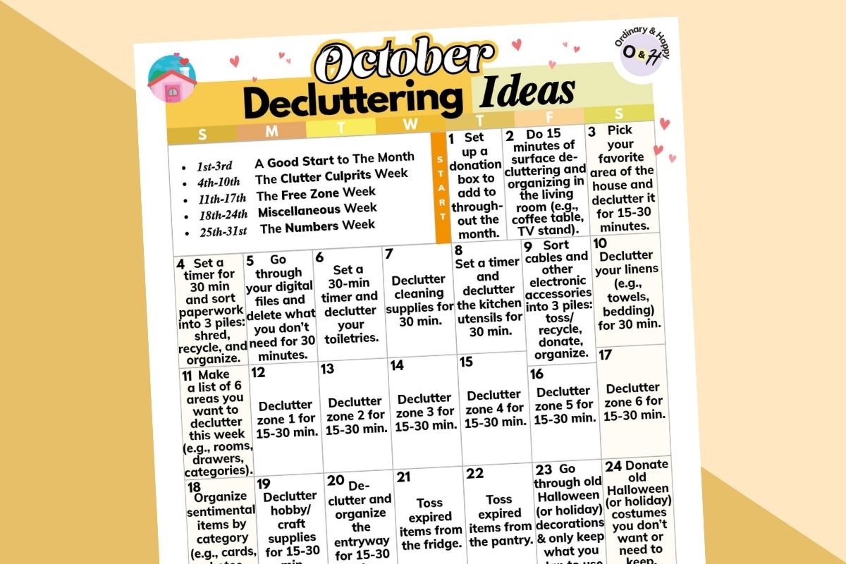 october decluttering challenge printable on a 2-color orange background