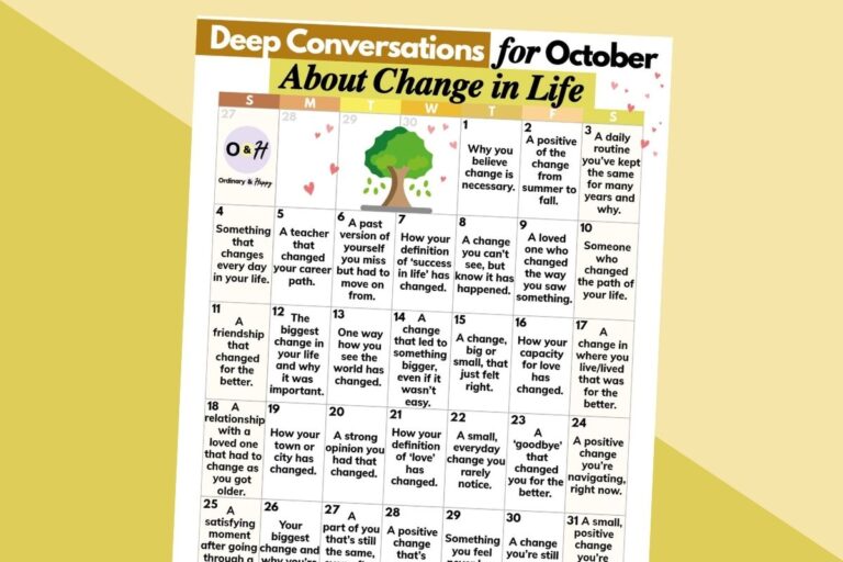 deep conversation calendar for october on a 2-color yellow background