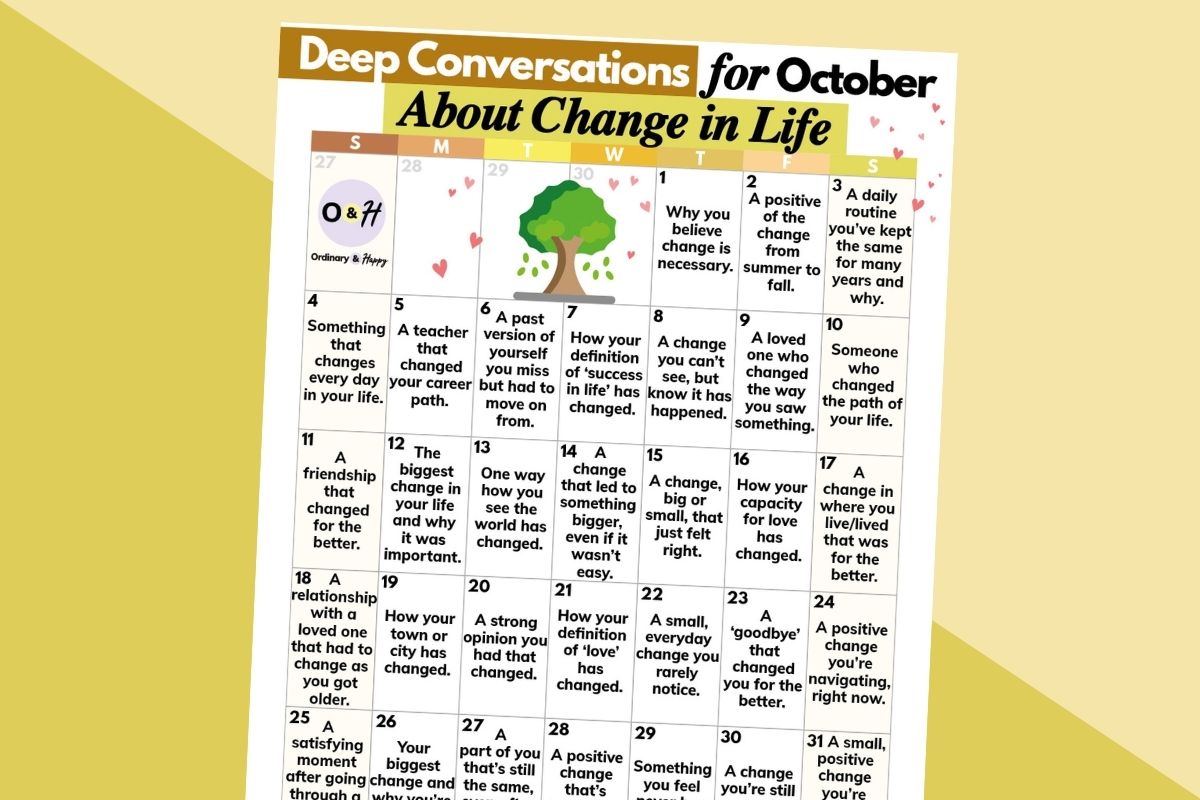 deep conversation calendar for october on a 2-color yellow background