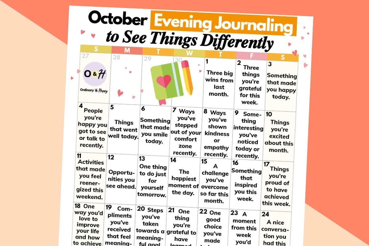 calendar of october evening journaling ideas on an orange-red block color background