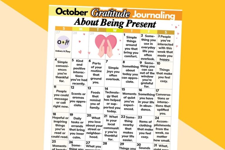 october gratitude journaling calendar about being present displayed on a vanilla and orange-colored background