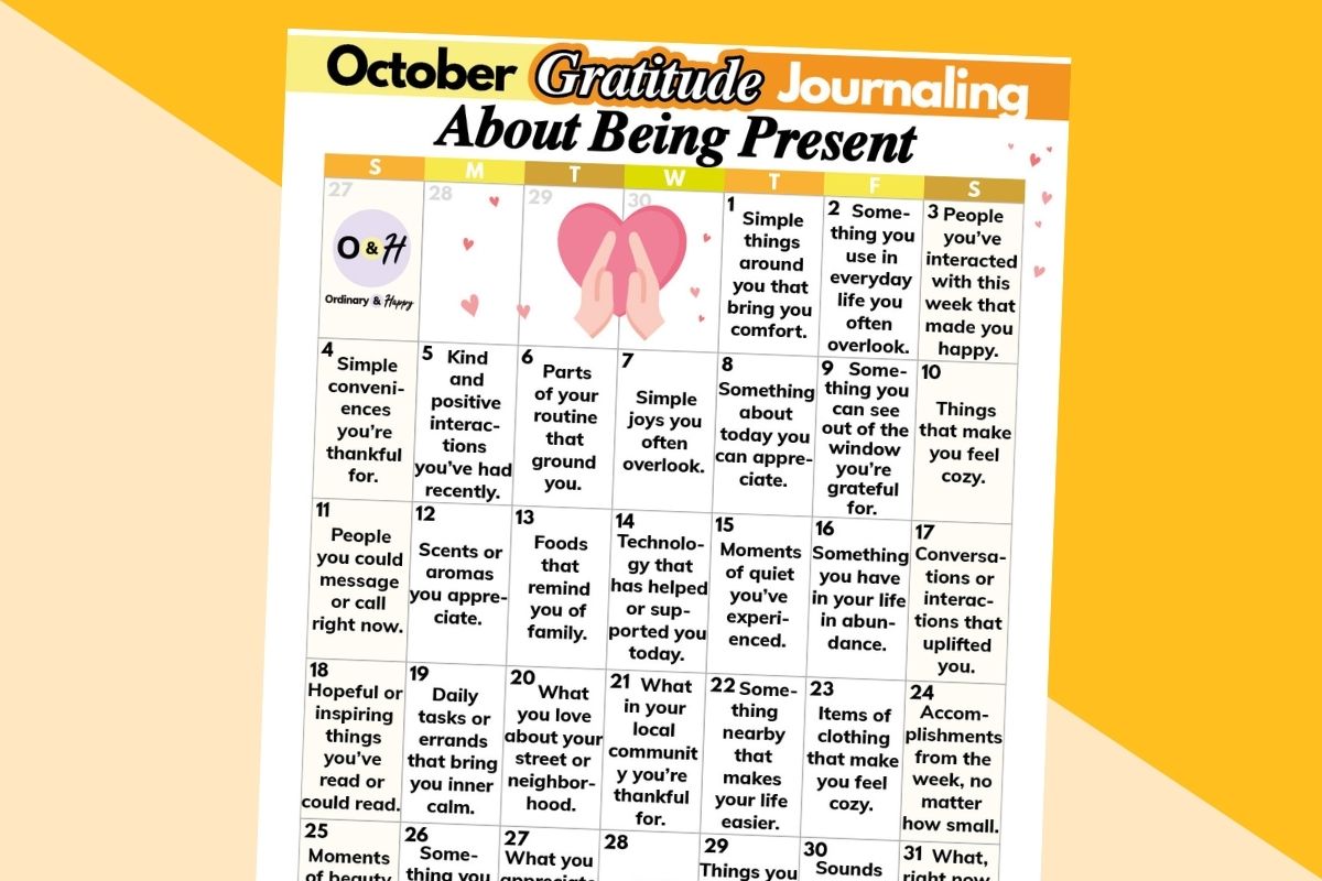 october gratitude journaling calendar about being present displayed on a vanilla and orange-colored background