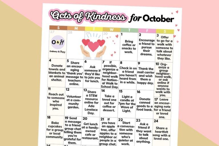october acts of kindness calendar on an orange and light red background