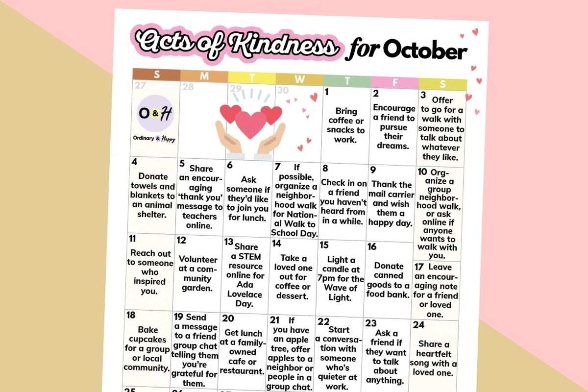 october acts of kindness calendar on an orange and light red background