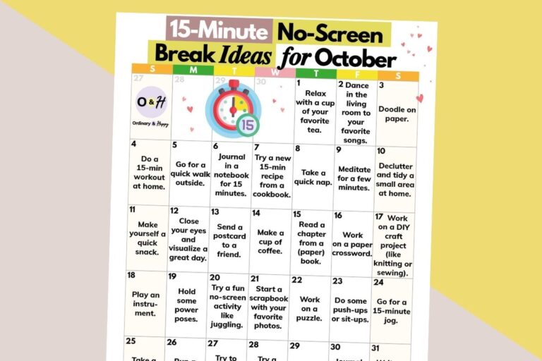 calendar of 15-minute no-screen break ideas for october displayed on a yellow and light red backdrop