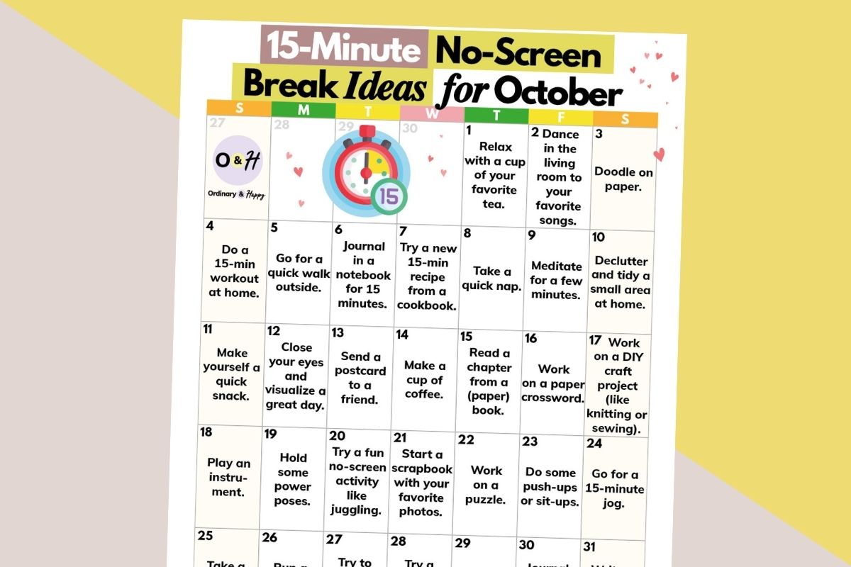 calendar of 15-minute no-screen break ideas for october displayed on a yellow and light red backdrop