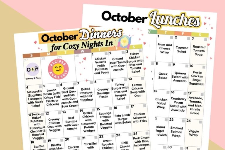 october lunch and dinner calendar displayed overlapping on an orange and red block color background