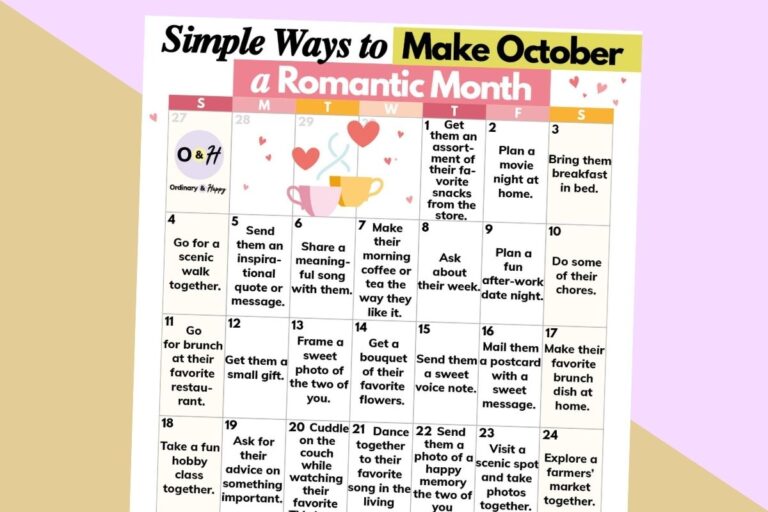 calendar of romantic gesture ideas for october displayed on an orange and lavendar backdrop