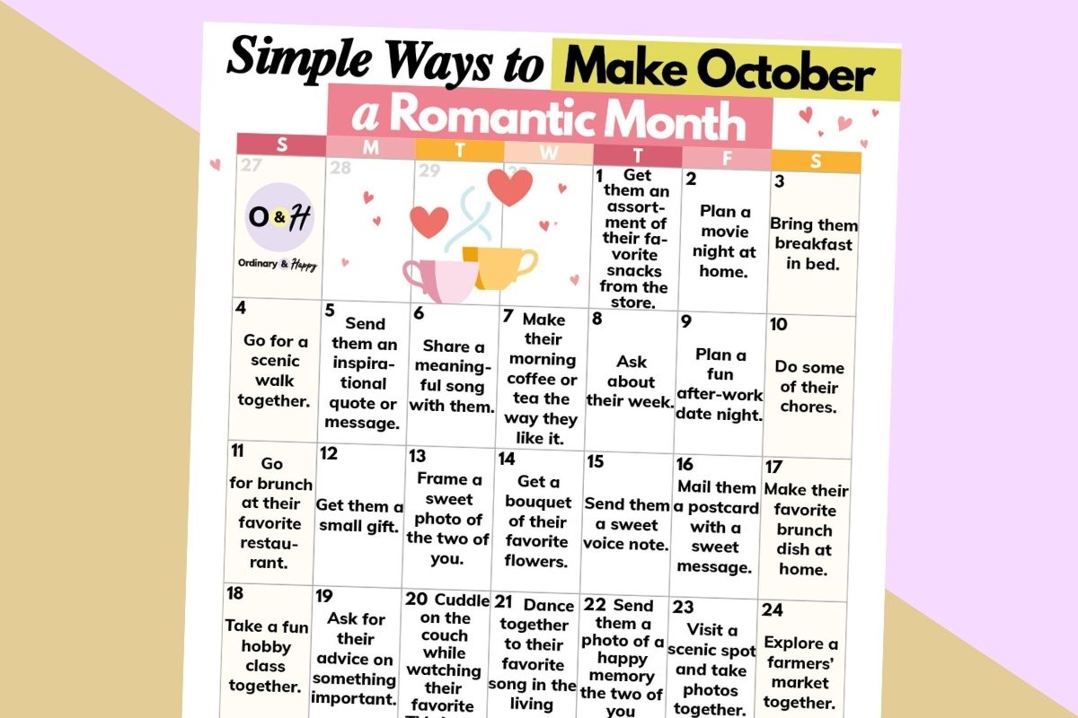 calendar of romantic gesture ideas for october displayed on an orange and lavendar backdrop