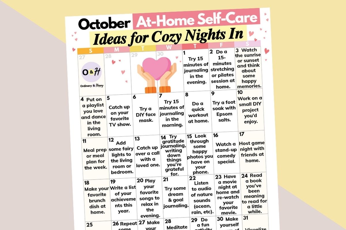 october at-home self-care ideas calendar on a 2-color background