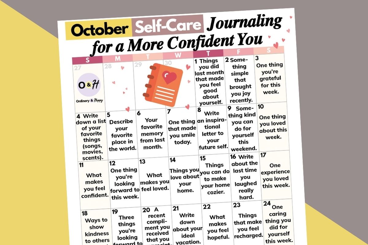 october self-care journaling calendar on an orange and grey backdrop