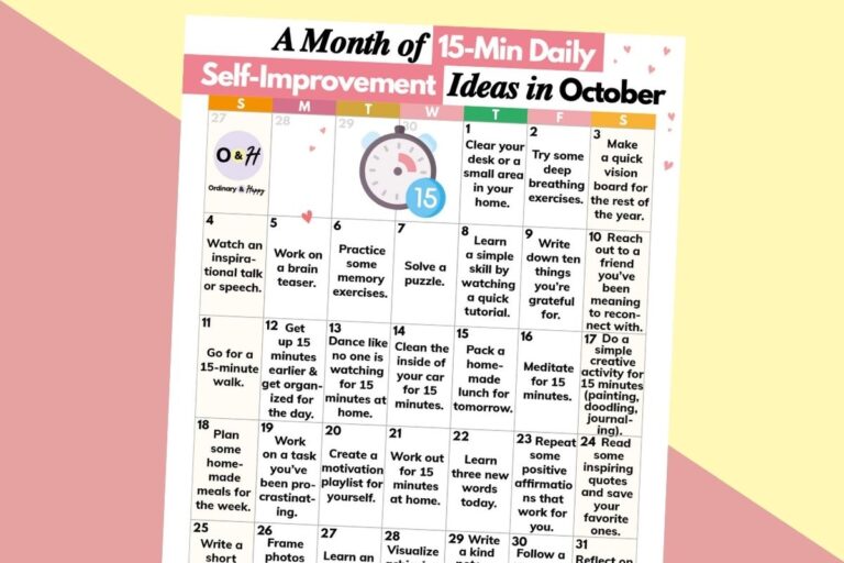 october 15-minute self-improvement ideas calendar on a red and yellow block color background