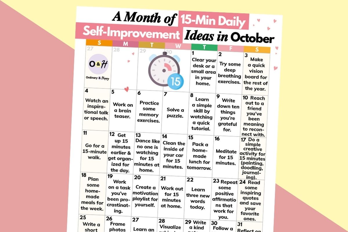 october 15-minute self-improvement ideas calendar on a red and yellow block color background