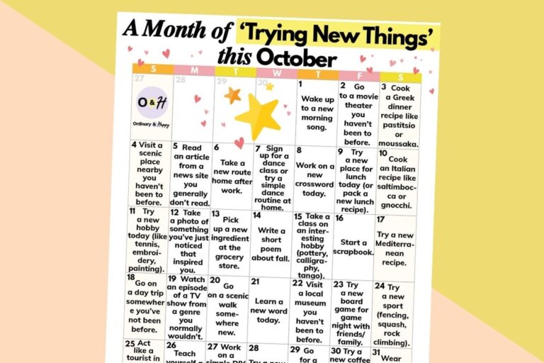 october 'try new things' calendar with 31 ideas in a grid format displayed on an orange and yellow background