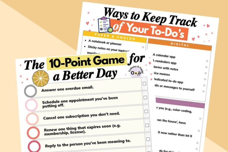 10-point productivity plan and to-dos tracking ideas printables displayed overlapping on an orange and vanilla color backdrop