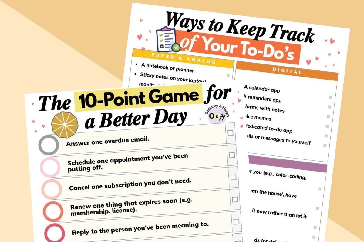 10-point productivity plan and to-dos tracking ideas printables displayed overlapping on an orange and vanilla color backdrop
