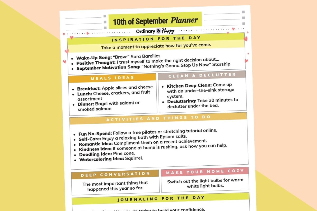 september 10th daily planner printable laid out on a yellow and light orange background