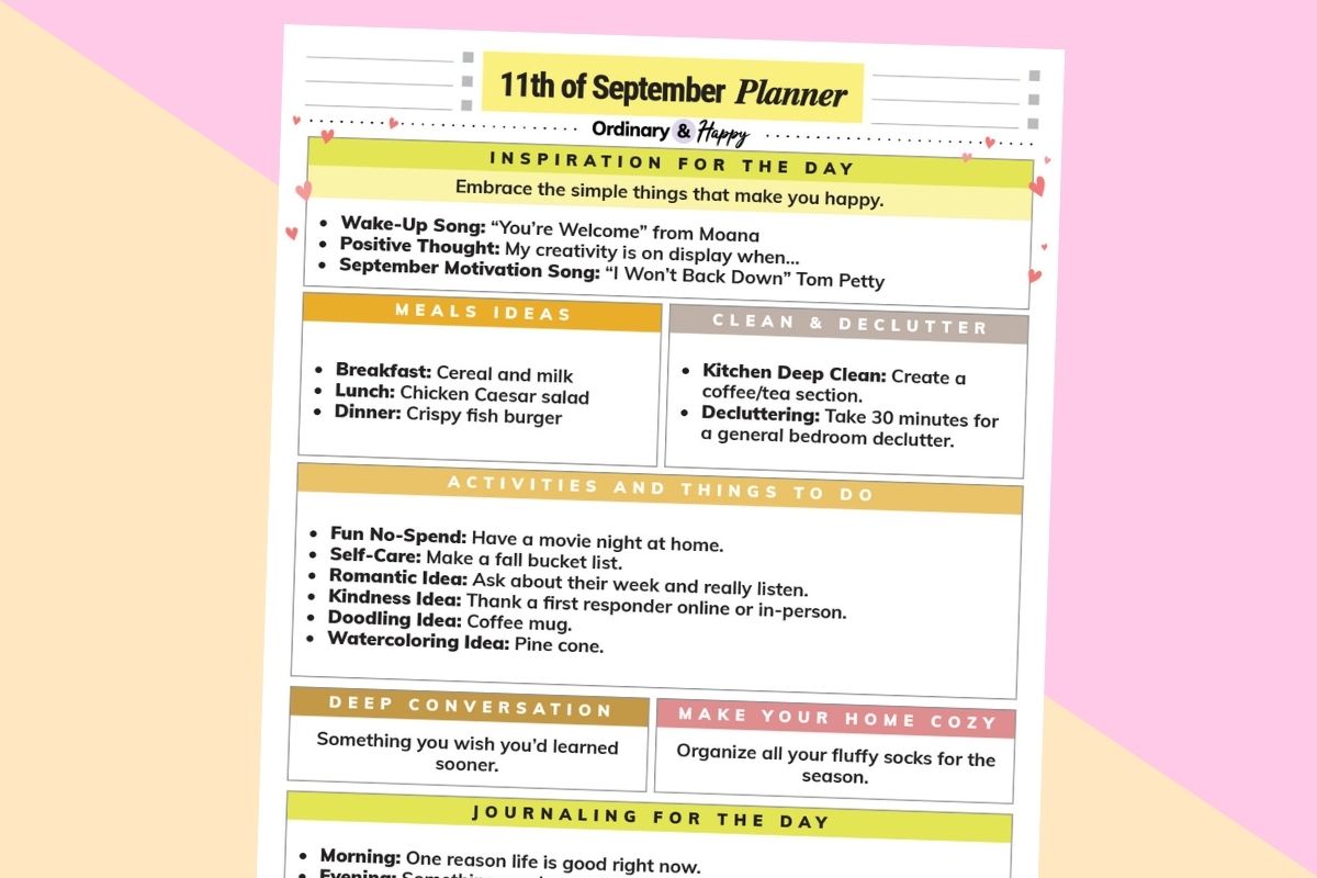 september 11th daily planner printable partially visible on a lilac and yellow background
