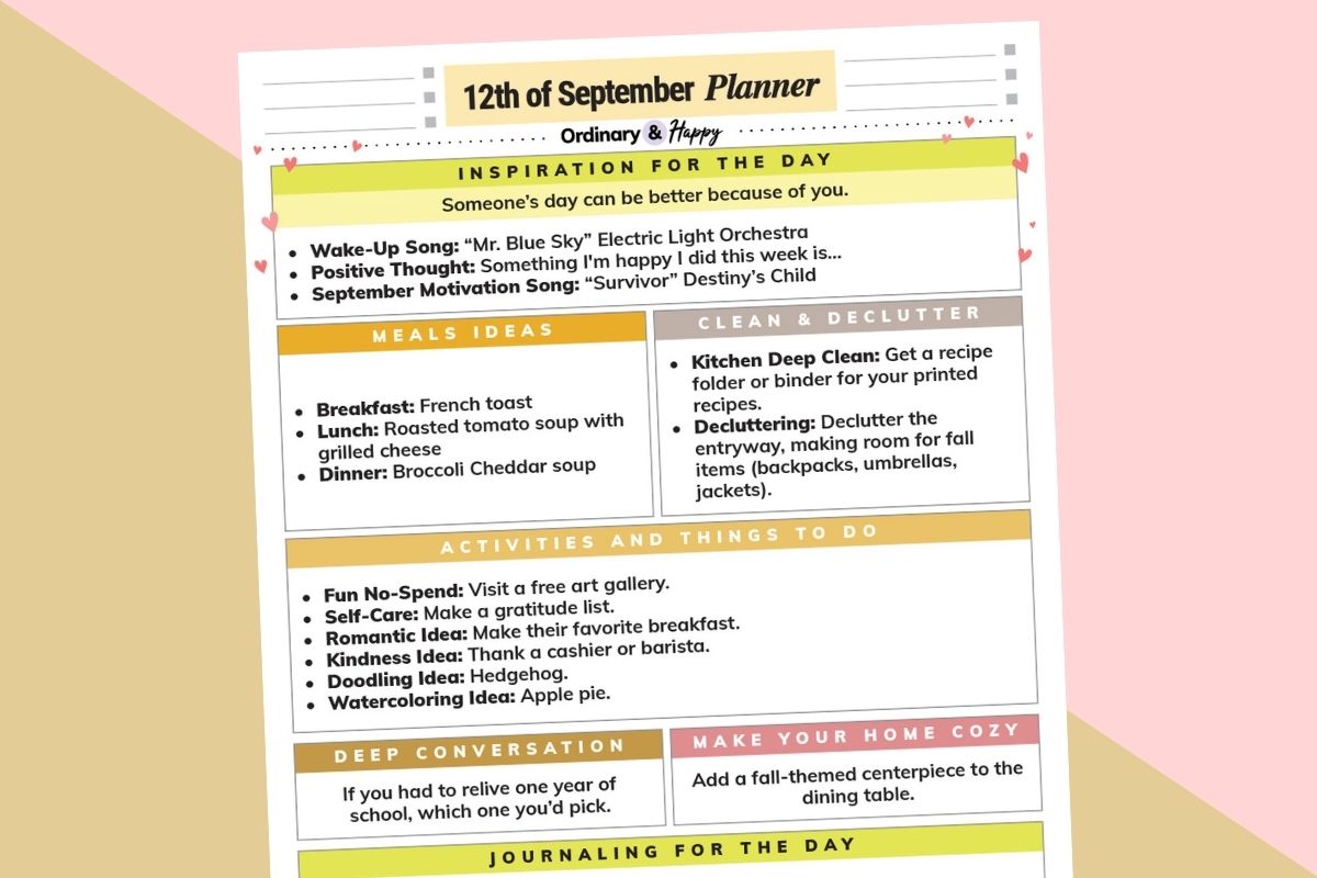 september 12th daily planner printable on an orange and pink backdrop
