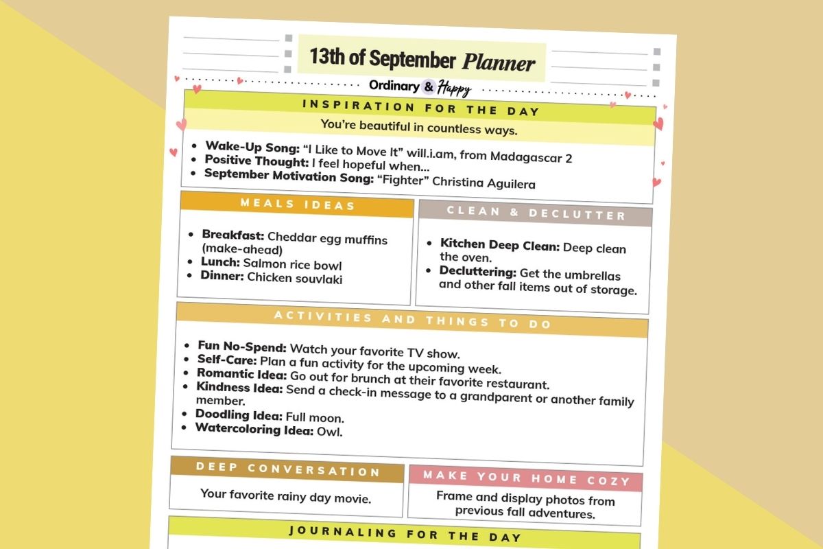 september 13th daily planner printable on a yellow and light orange block color background