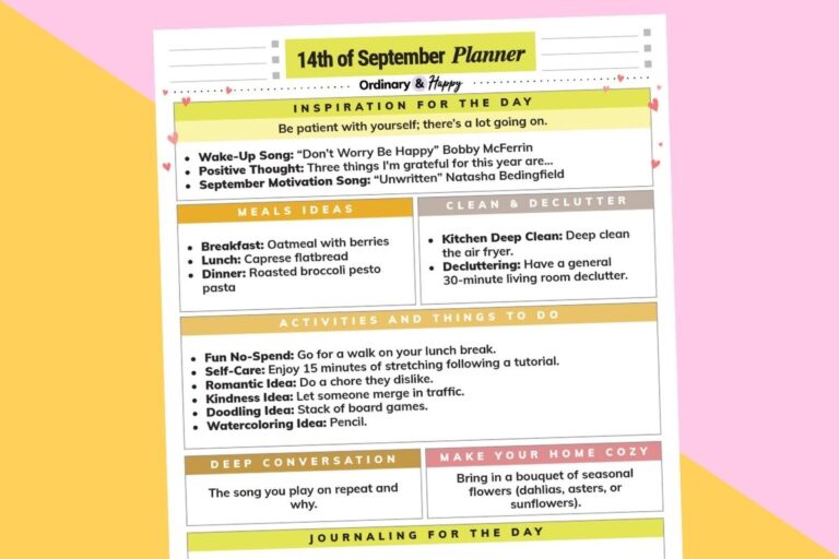 september 14th daily planner printable tilted to the left on a diagonal yellow and lilac background