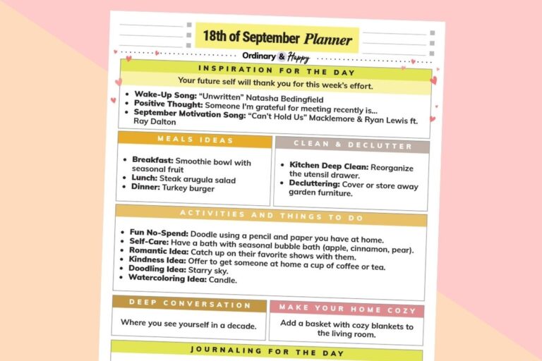september 18th daily planner printable displayed on a 2-color diagonal light red and orange backdrop