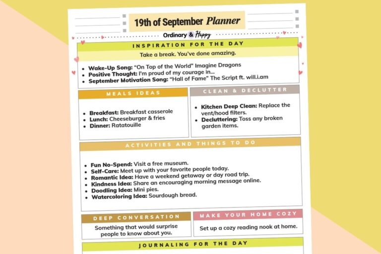 september 19th daily planner printable displayed on a yellow and orange backdrop