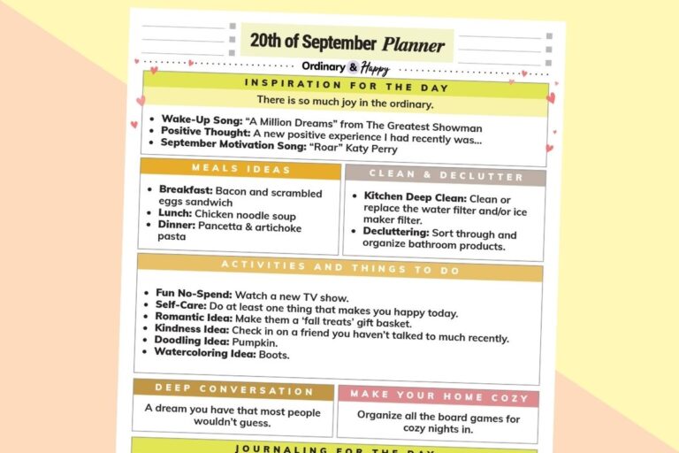 september 20th daily planner printable with lists of ideas for the day on a 2-color background