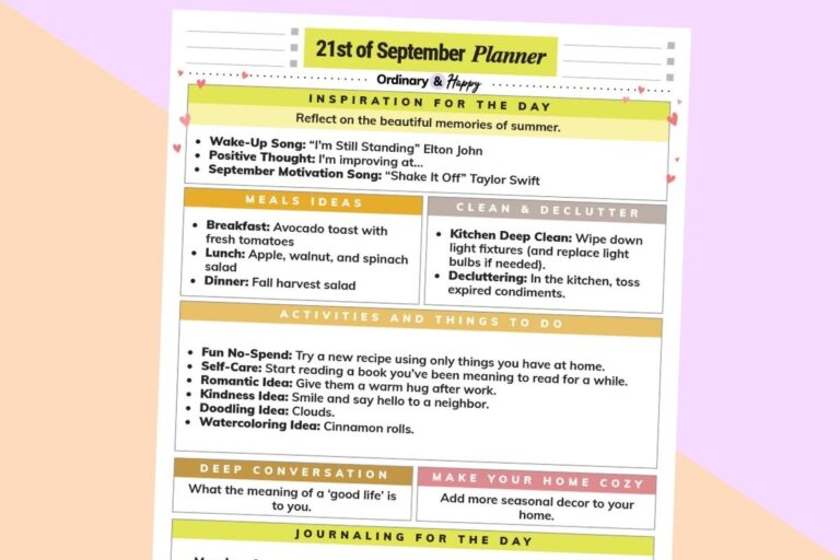 september 21st daily planner printable with different sections of ideas for the day on an orange and lavender backdrop