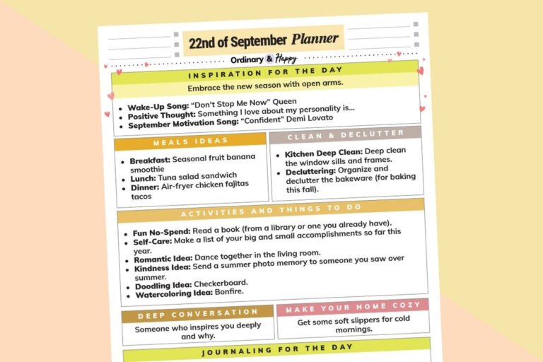 september 22nd daily planner printable displayed on a light orange and red background