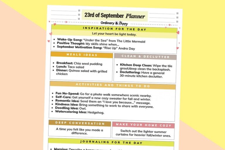 september 23rd daily planner printable displayed titled to the right on a yellow and light red background