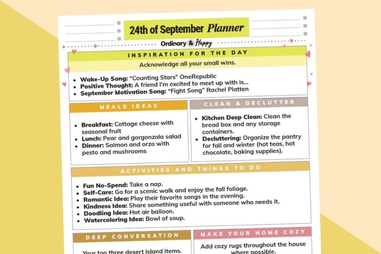 september 24th daily planner printable with lists of ideas on a light yellow and yellow block color background