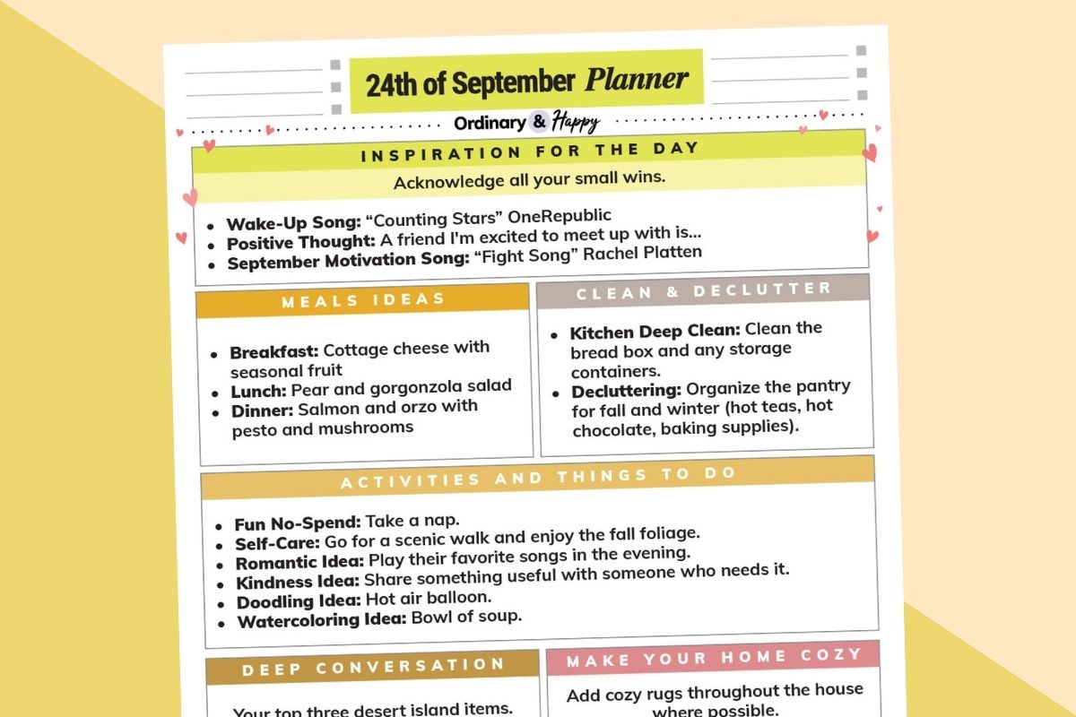 september 24th daily planner printable with lists of ideas on a light yellow and yellow block color background