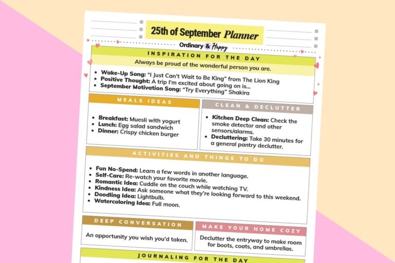 september 25th daily planner printable tilted to the right displayed on a yellow and light pink background