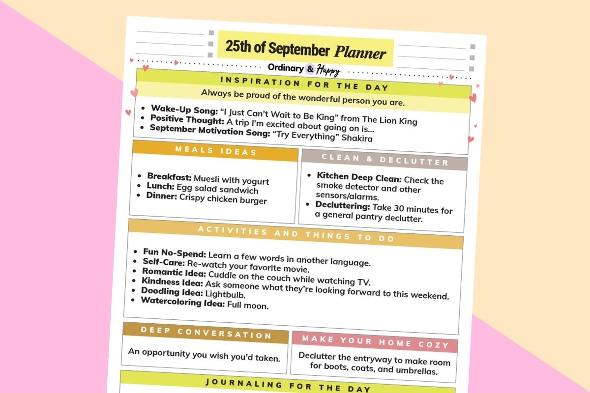september 25th daily planner printable tilted to the right displayed on a yellow and light pink background