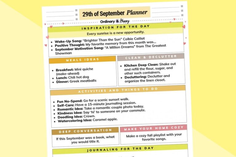 september 29th daily planner printable on a 2-color yellow background