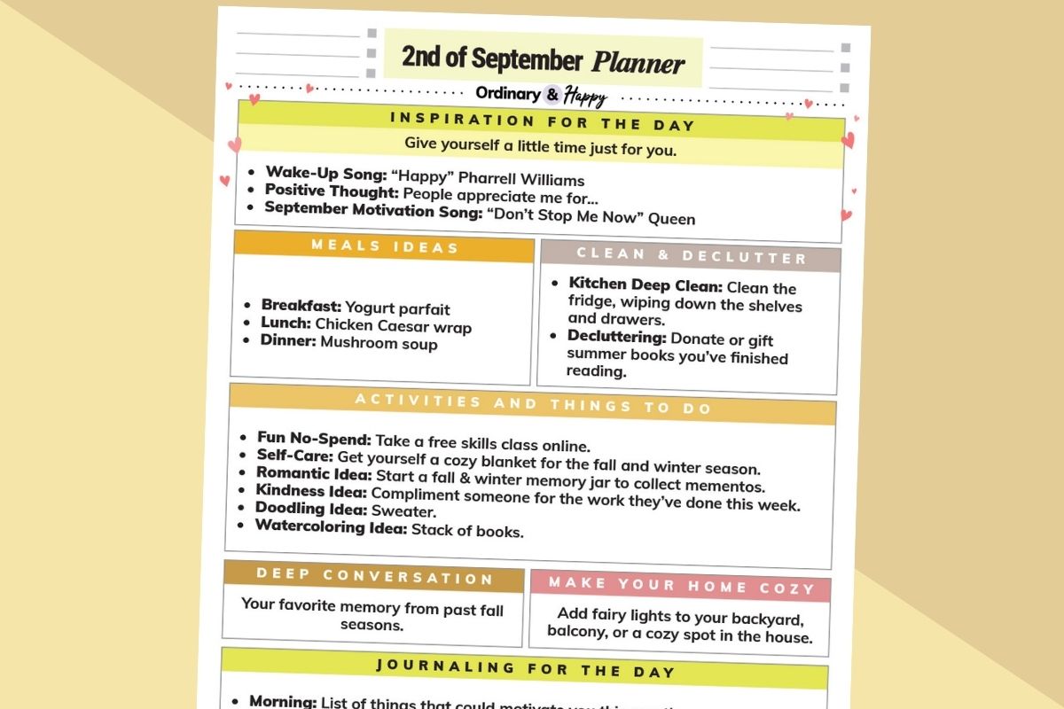 september 2nd daily planner printable with lists of ideas for the day on a diagonal block color orange and red background