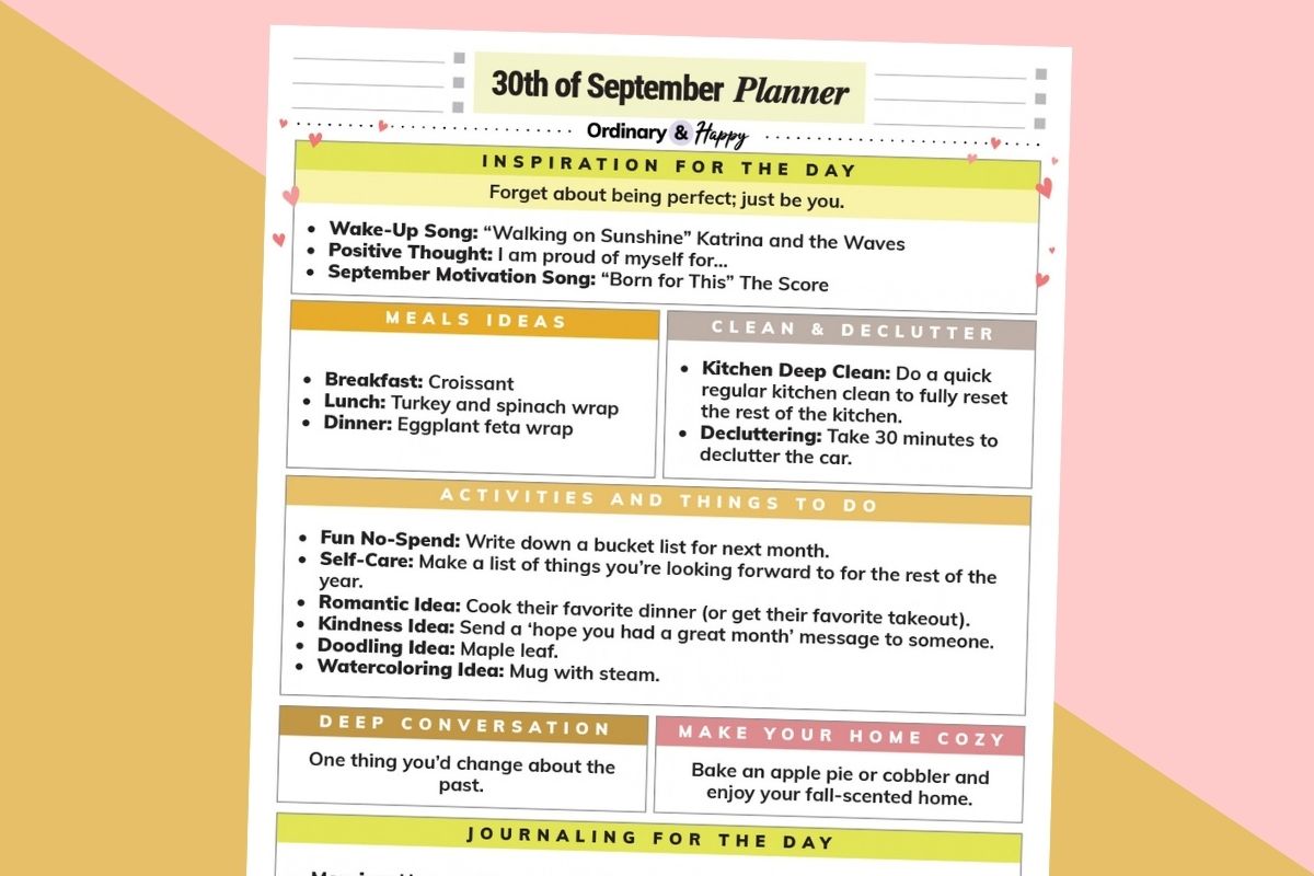 september 30th daily planner printable on an orange and red block color background