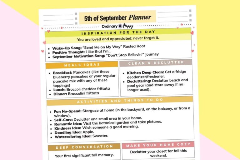 september 5th daily planner printable with lists of ideas for the day on a yellow and lilac background