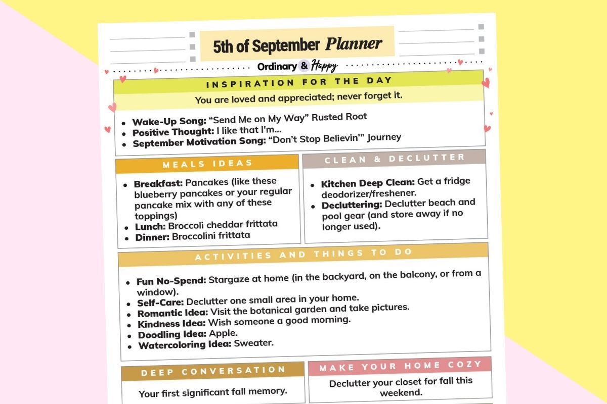 september 5th daily planner printable with lists of ideas for the day on a yellow and lilac background
