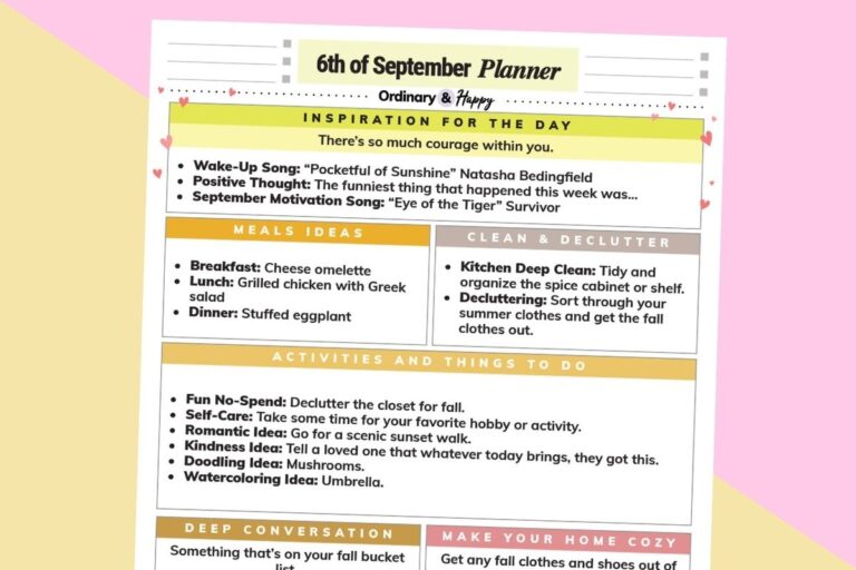 september 6th daily planner printable partially visible on an orange and light pink background